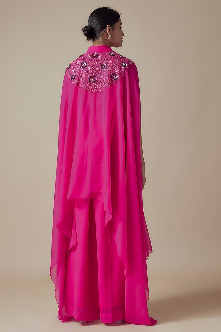 Fuchsia Pink Tie-Dye Georgette Hand embroidered Kaftan Set by Yoshita Couture at Pernia's Pop Up Shop