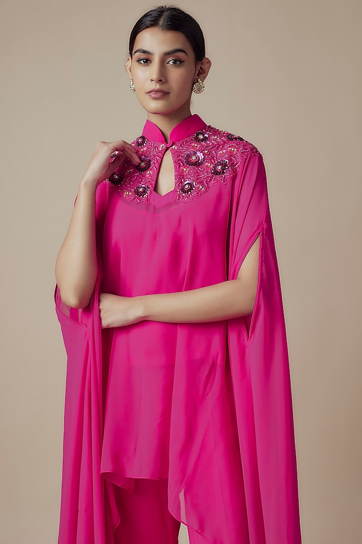Fuchsia Pink Tie-Dye Georgette Hand embroidered Kaftan Set by Yoshita Couture at Pernia's Pop Up Shop