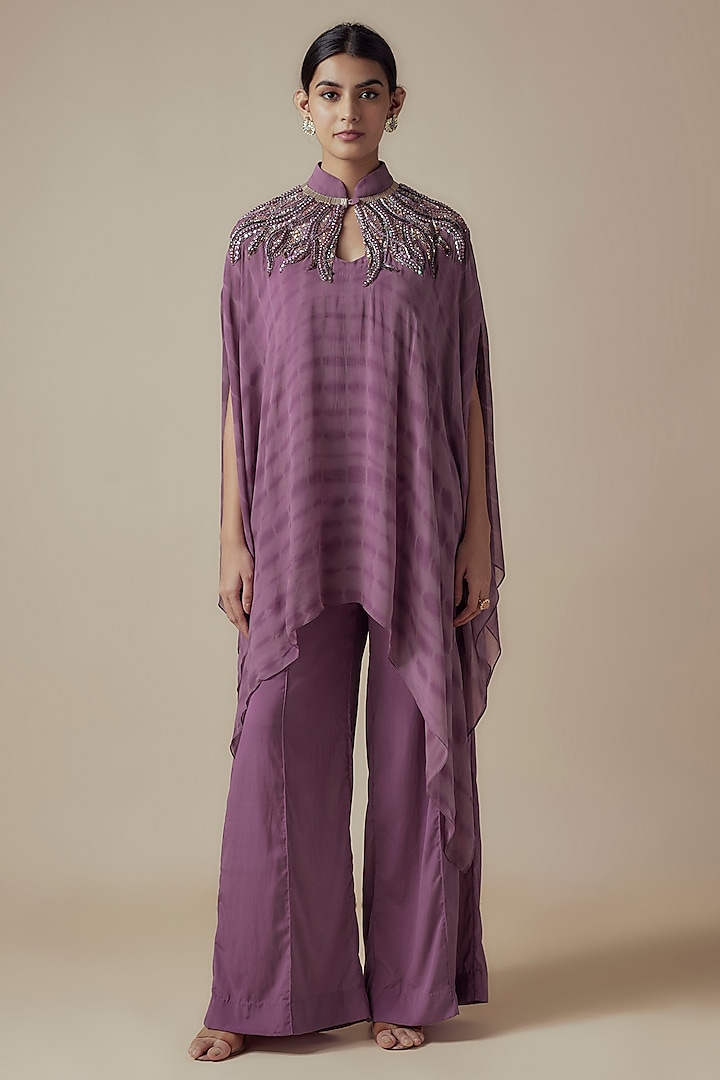 Lavender Tie-Dye Georgette Sequins Embroidered Kaftan Set by Yoshita Couture at Pernia's Pop Up Shop