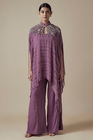 Lavender Tie-Dye Georgette Sequins Embroidered Kaftan Set by Yoshita Couture