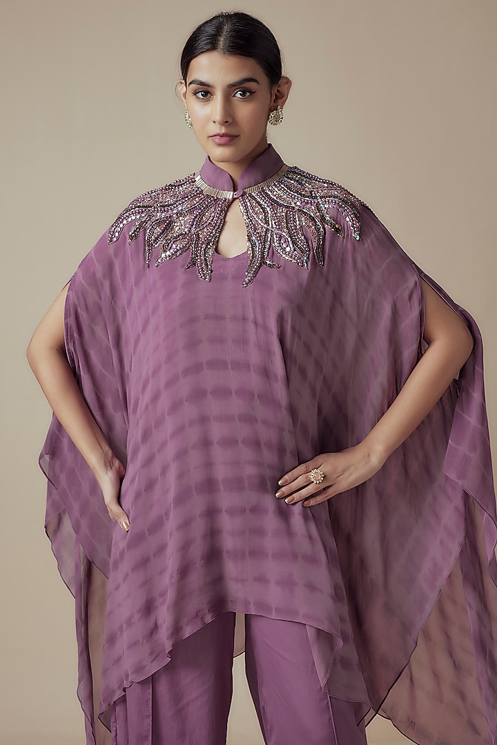 Lavender Tie-Dye Georgette Sequins Embroidered Kaftan Set by Yoshita Couture at Pernia's Pop Up Shop