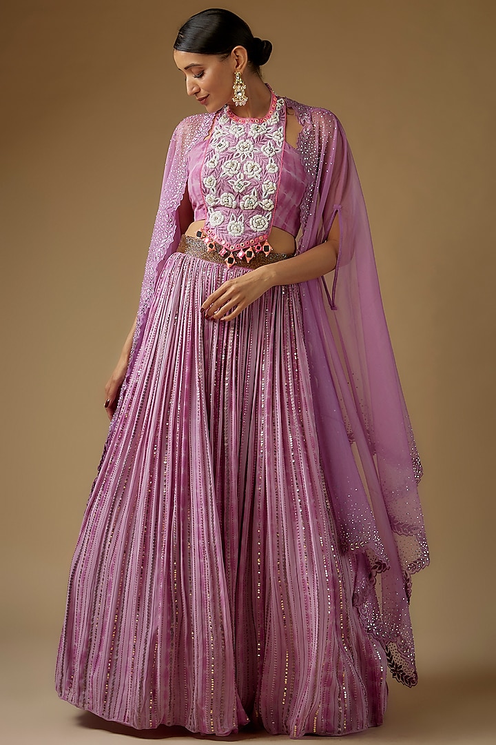 Lilac Georgette Sequins Embroidered Tie-Dye Lehenga Set by Yoshita Couture
