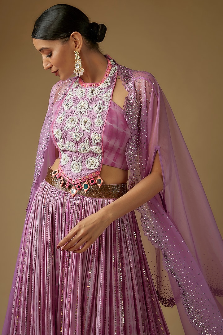 Lilac Georgette Sequins Embroidered Tie-Dye Wedding Lehenga Set by Yoshita Couture at Pernia's Pop Up Shop