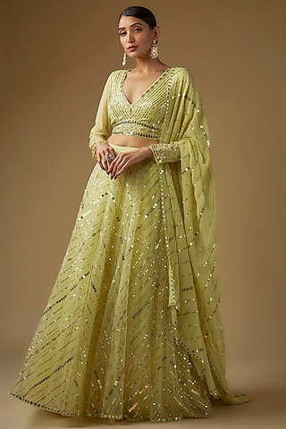 Mint Green Net Chevron Hand Embroidered Lehenga Set by Yoshita Couture