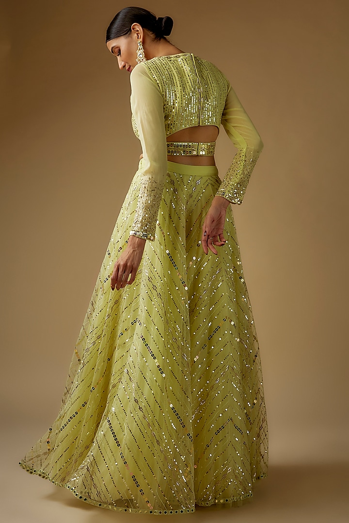 Mint Green Net Chevron Hand Embroidered Wedding Lehenga Set by Yoshita Couture at Pernia's Pop Up Shop