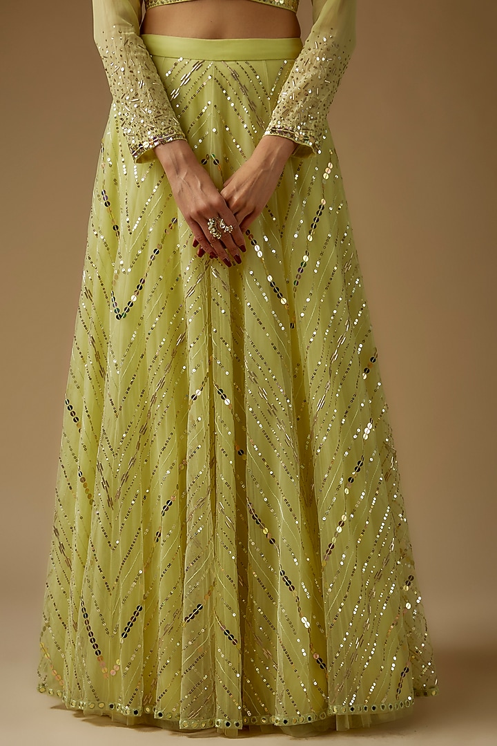 Mint Green Net Chevron Hand Embroidered Wedding Lehenga Set by Yoshita Couture at Pernia's Pop Up Shop