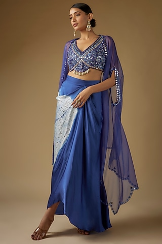 Indigo Blue Satin Tie-Dye Dhoti Skirt Set by Yoshita Couture