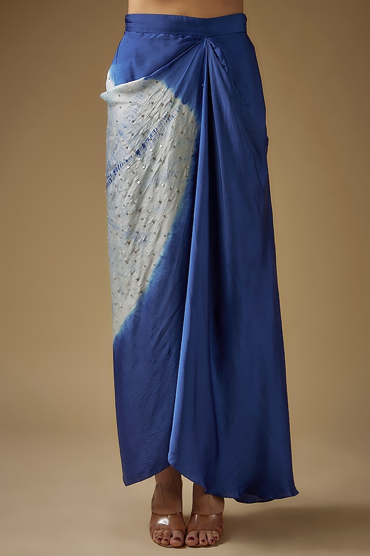 Indigo Blue Satin Tie-Dye Dhoti Skirt Set by Yoshita Couture at Pernia's Pop Up Shop