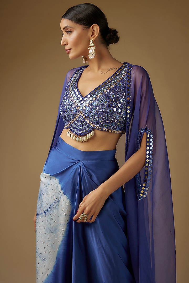 Indigo Blue Satin Tie-Dye Dhoti Skirt Set by Yoshita Couture at Pernia's Pop Up Shop