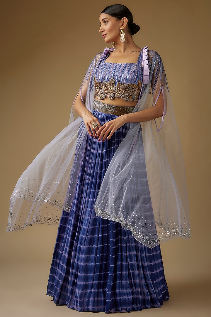 Ink Blue Georgette Cutdana Embroidered Tie-Dye Jacket Lehenga Set by Yoshita Couture