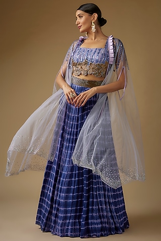 Ink Blue Georgette Cutdana Embroidered Tie-Dye Jacket Lehenga Set by Yoshita Couture