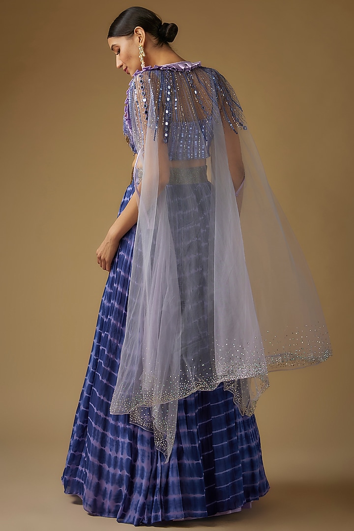 Ink Blue Georgette Cutdana Embroidered Tie-Dye Jacket Wedding Lehenga Set by Yoshita Couture at Pernia's Pop Up Shop