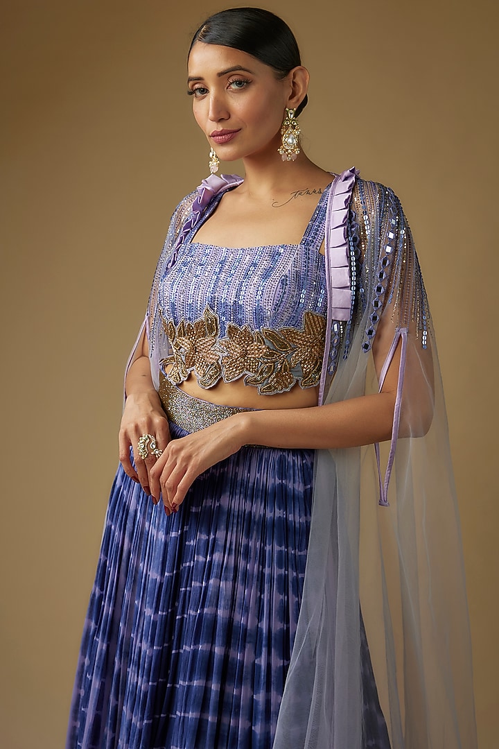 Ink Blue Georgette Cutdana Embroidered Tie-Dye Jacket Wedding Lehenga Set by Yoshita Couture at Pernia's Pop Up Shop