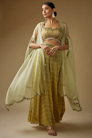 Olive Green Organza Mirror Embroidered Cape Set by Yoshita Couture