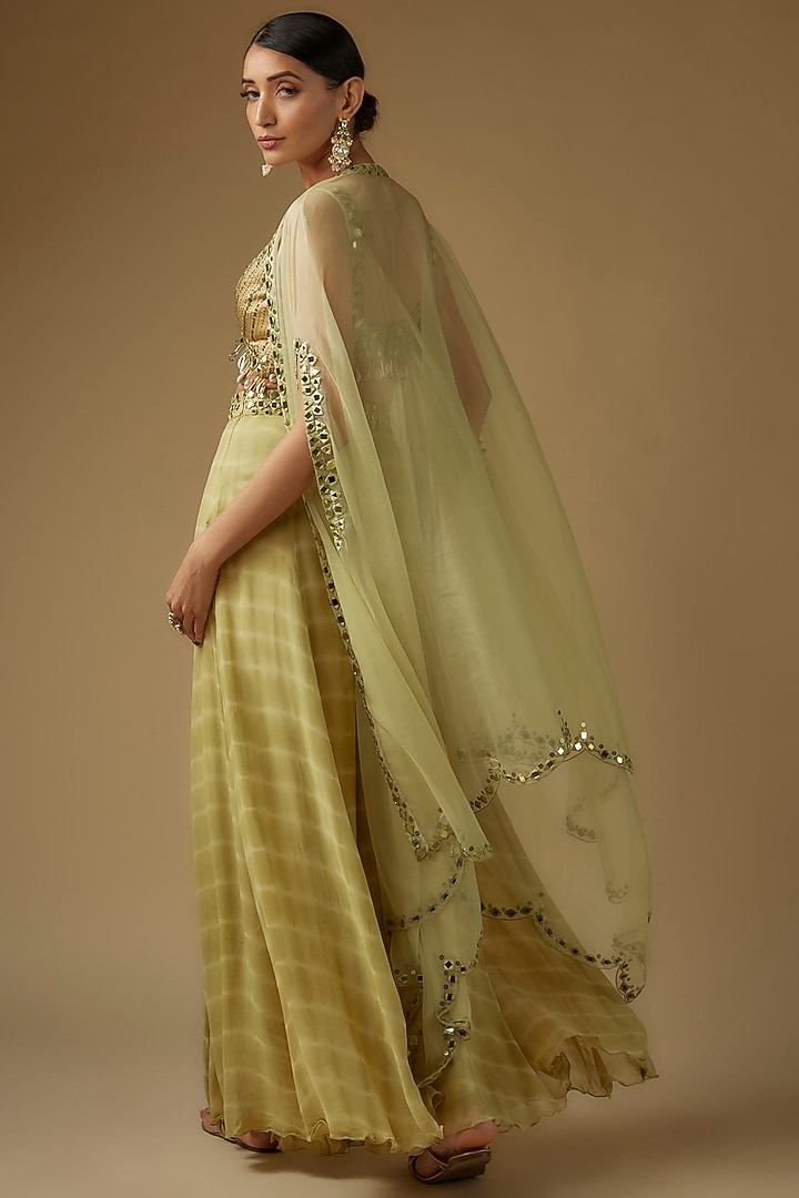 Olive Green Organza Mirror Embroidered Cape Set by Yoshita Couture at Pernia's Pop Up Shop
