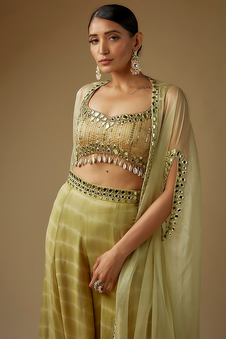 Olive Green Organza Mirror Embroidered Cape Set by Yoshita Couture at Pernia's Pop Up Shop