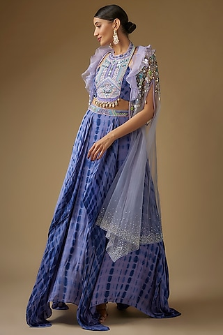 Indigo Blue Crepe Linear Tie-Dye Handkerchief Lehenga Set by Yoshita Couture
