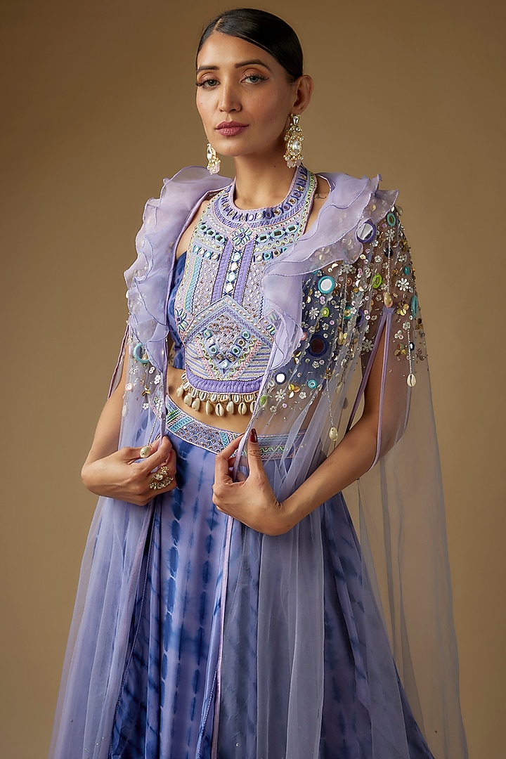 Indigo Blue Crepe Linear Tie-Dye Handkerchief Wedding Lehenga Set by Yoshita Couture at Pernia's Pop Up Shop
