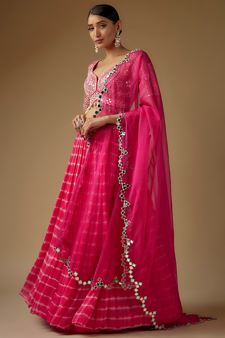 Hot Pink Georgette Tie-Dye Pleated Lehenga Set by Yoshita Couture