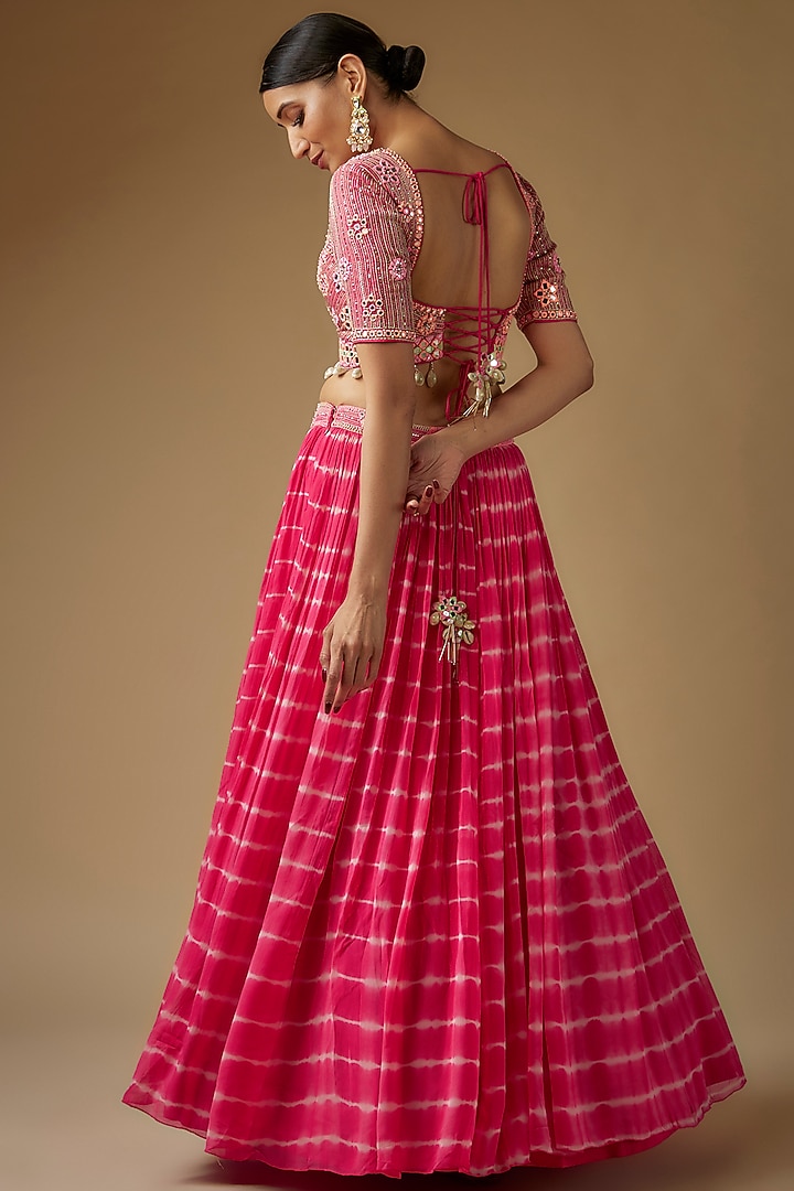 Hot Pink Georgette Tie-Dye Pleated Wedding Lehenga Set by Yoshita Couture at Pernia's Pop Up Shop