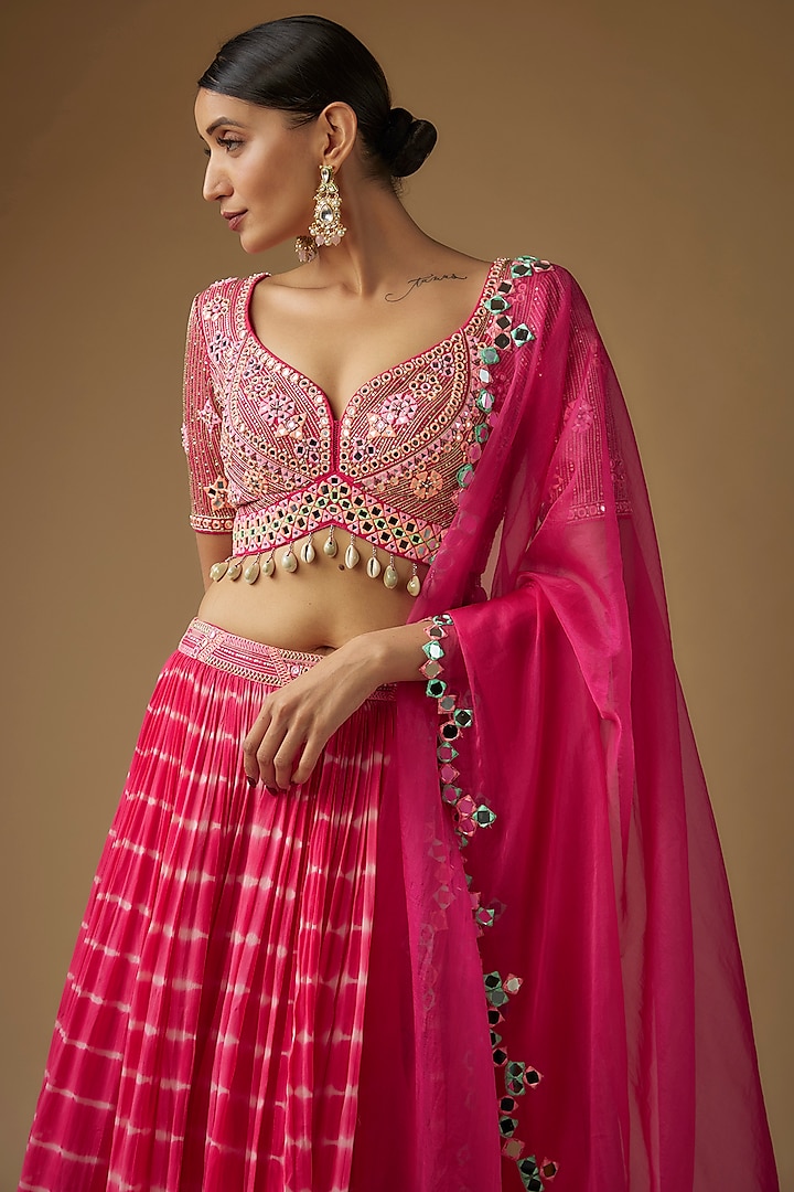 Hot Pink Georgette Tie-Dye Pleated Wedding Lehenga Set by Yoshita Couture at Pernia's Pop Up Shop