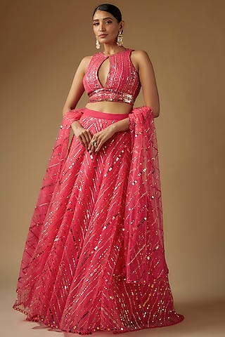 Hot Pink Net Chevron Hand Embroidered Lehenga Set by Yoshita Couture