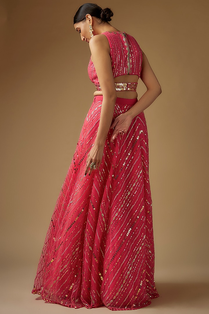 Hot Pink Net Chevron Hand Embroidered Wedding Lehenga Set by Yoshita Couture at Pernia's Pop Up Shop