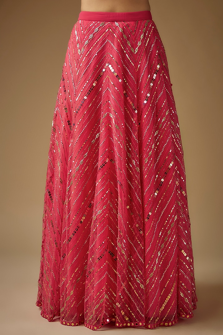 Hot Pink Net Chevron Hand Embroidered Wedding Lehenga Set by Yoshita Couture at Pernia's Pop Up Shop