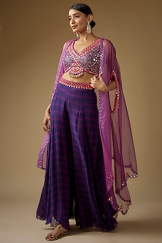 Purple Organza Mirror Embroidered Cape Set by Yoshita Couture