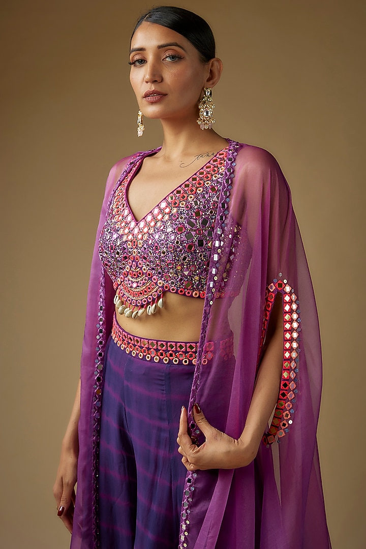 Purple Organza Mirror Embroidered Cape Set by Yoshita Couture at Pernia's Pop Up Shop