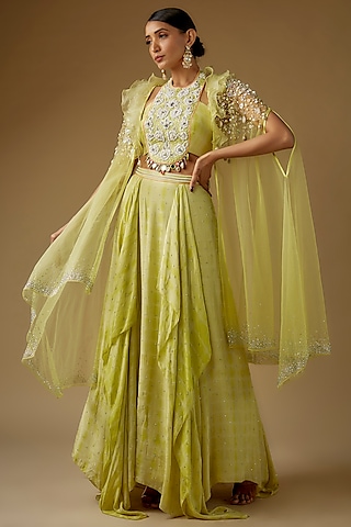 Mint Green Crepe Linear Tie-Dye Handkerchief Lehenga Set by Yoshita Couture