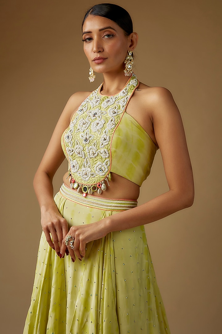 Mint Green Crepe Linear Tie-Dye Handkerchief Wedding Lehenga Set by Yoshita Couture at Pernia's Pop Up Shop