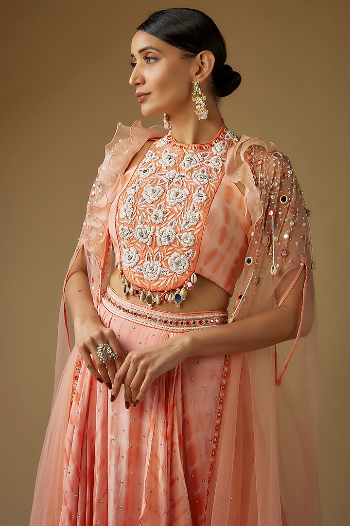 Peach Crepe Linear Tie-Dye Handkerchief Wedding Lehenga Set by Yoshita Couture at Pernia's Pop Up Shop
