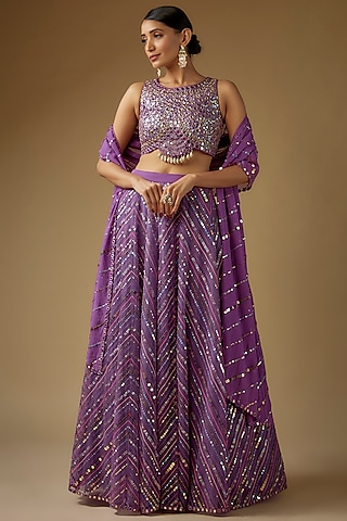 Purple Net Chevron Hand Embroidered Lehenga Set by Yoshita Couture