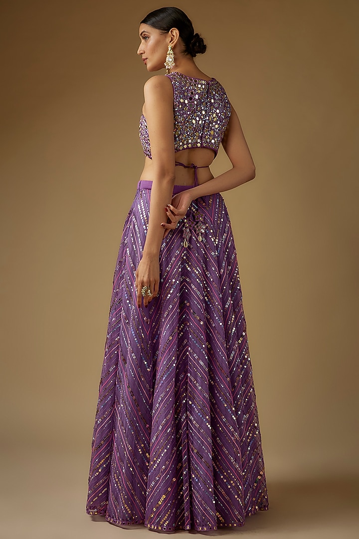 Purple Net Chevron Hand Embroidered Wedding Lehenga Set by Yoshita Couture at Pernia's Pop Up Shop