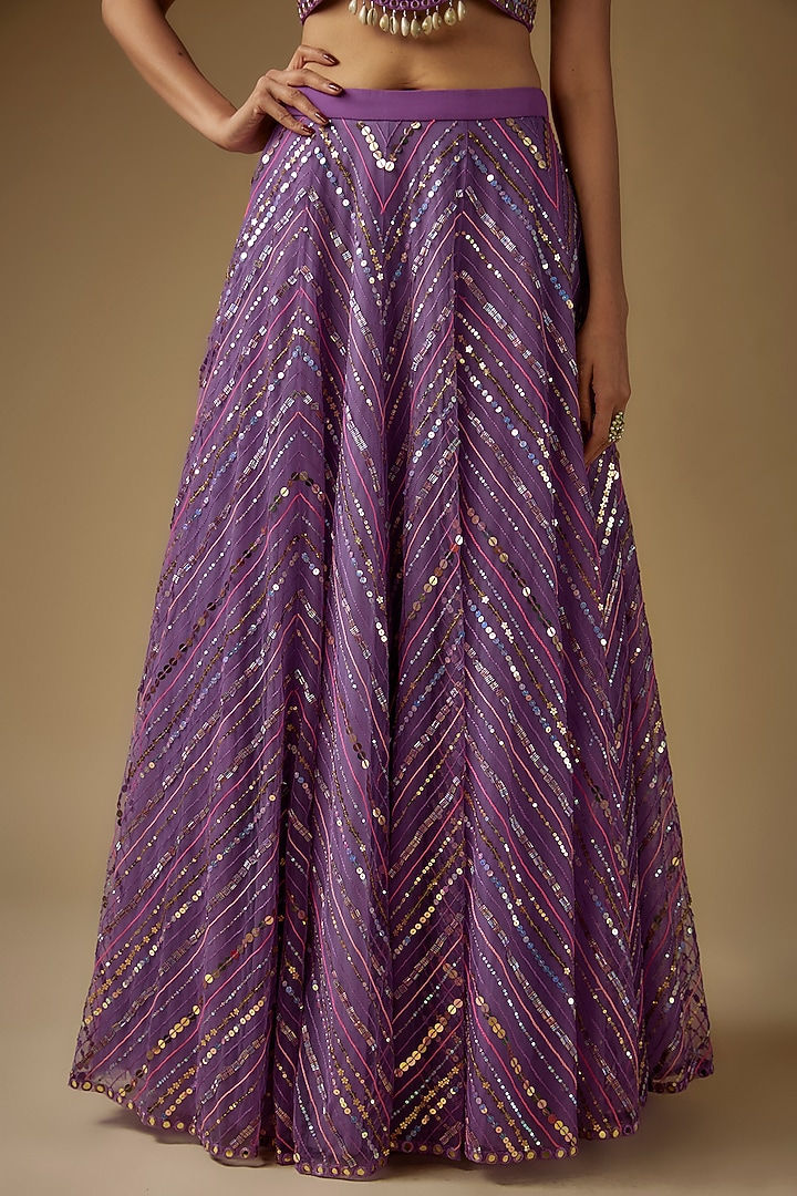 Purple Net Chevron Hand Embroidered Wedding Lehenga Set by Yoshita Couture at Pernia's Pop Up Shop