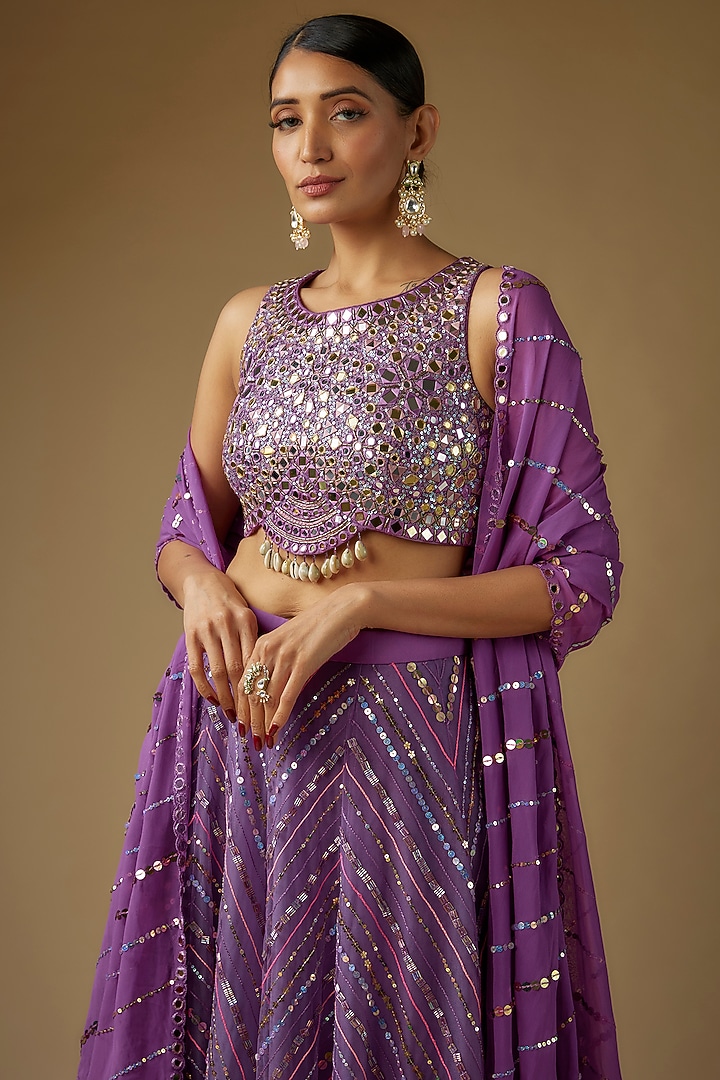 Purple Net Chevron Hand Embroidered Wedding Lehenga Set by Yoshita Couture at Pernia's Pop Up Shop