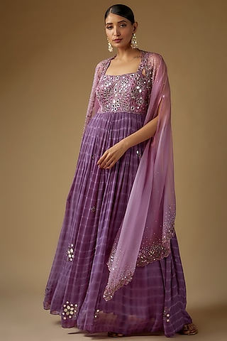 Purple Georgette Mirror Hand Embroidered Pleated Anarkali With Cape by Yoshita Couture