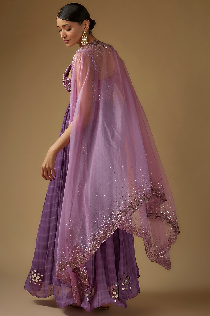 Purple Georgette Mirror Hand Embroidered Pleated Wedding Anarkali With Cape by Yoshita Couture at Pernia's Pop Up Shop