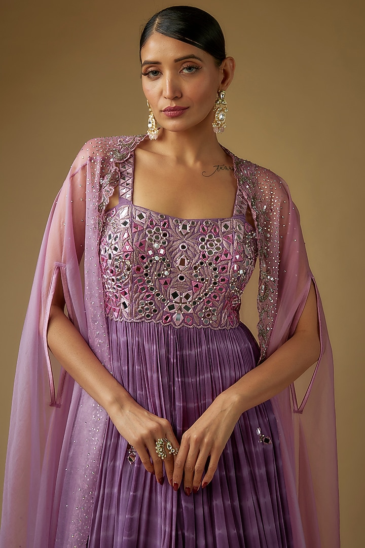 Purple Georgette Mirror Hand Embroidered Pleated Wedding Anarkali With Cape by Yoshita Couture at Pernia's Pop Up Shop