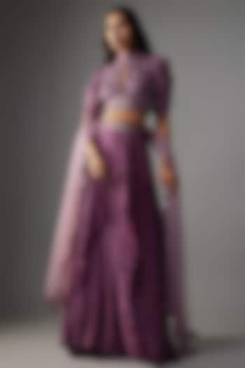 Lavender Crepe Motifs & Sequins Hand Embroidered Tie-Dye Lehenga Set by Yoshita Couture