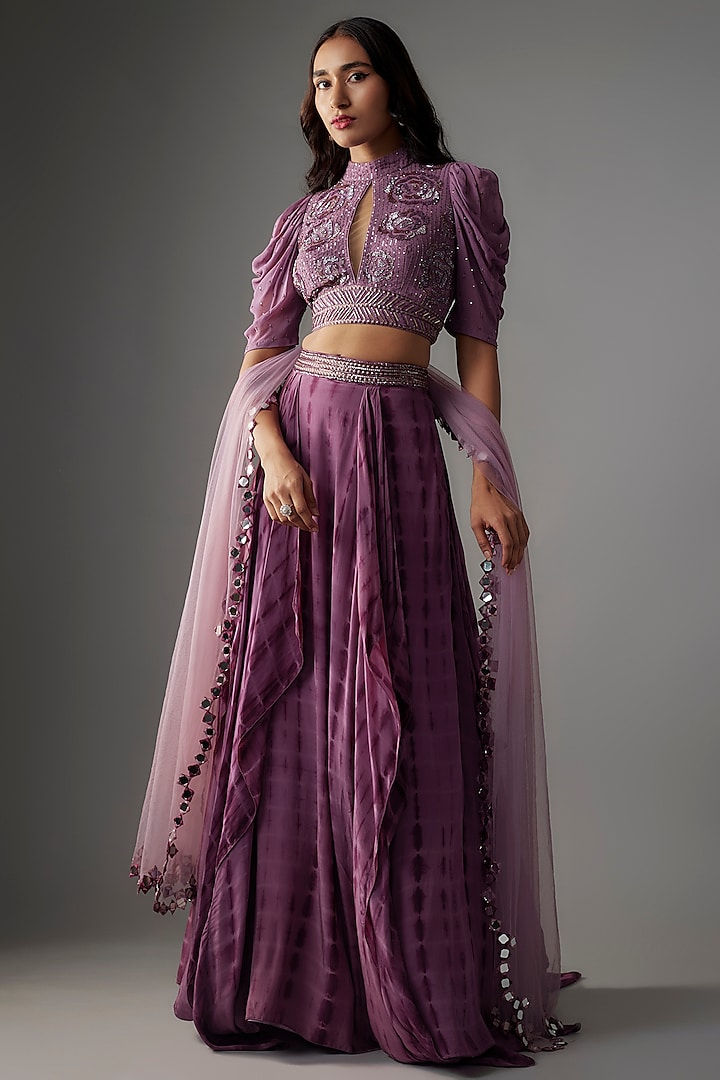 Lavender Crepe Motifs & Sequins Hand Embroidered Tie-Dye Lehenga Set by Yoshita Couture