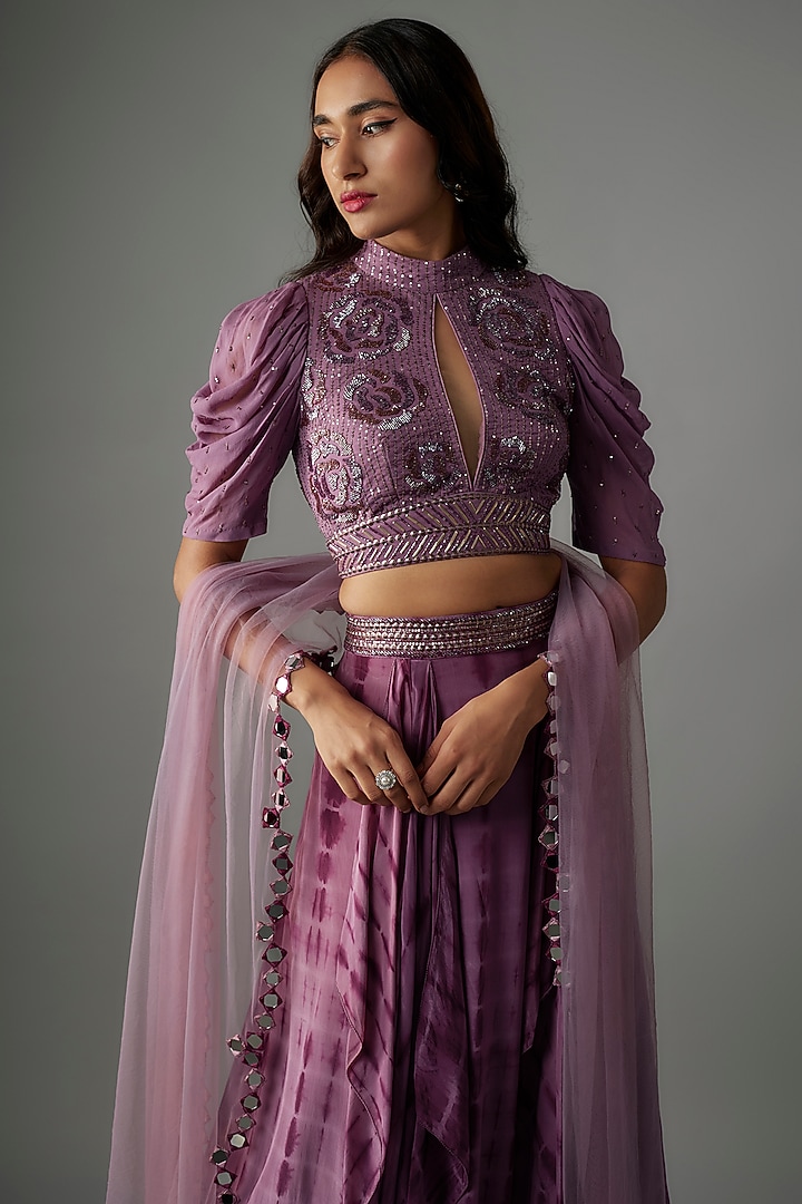 Lavender Crepe Motifs & Sequins Hand Embroidered Tie-Dye Wedding Lehenga Set by Yoshita Couture at Pernia's Pop Up Shop