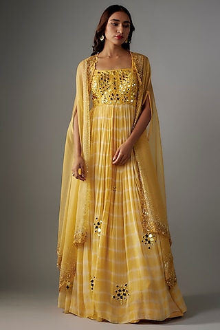 Mustard Yellow Georgette Shantoon Cutwork Tie-Dye Anarkali Set by Yoshita Couture