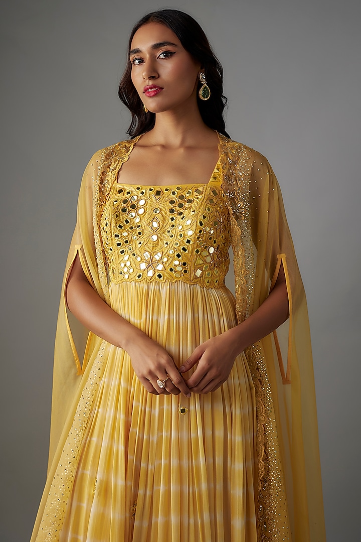 Mustard Yellow Georgette Shantoon Cutwork Tie-Dye Wedding Anarkali Set by Yoshita Couture at Pernia's Pop Up Shop