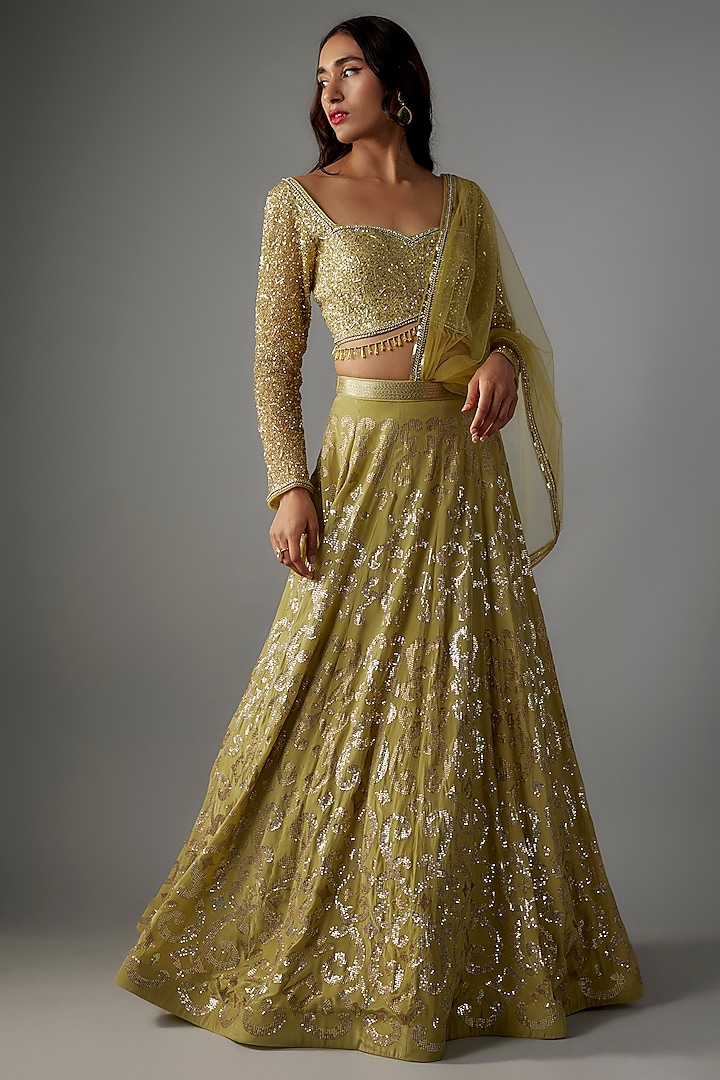 Olive Green Crepe Tassels & Sequins Embroidered Lehenga Set by Yoshita Couture