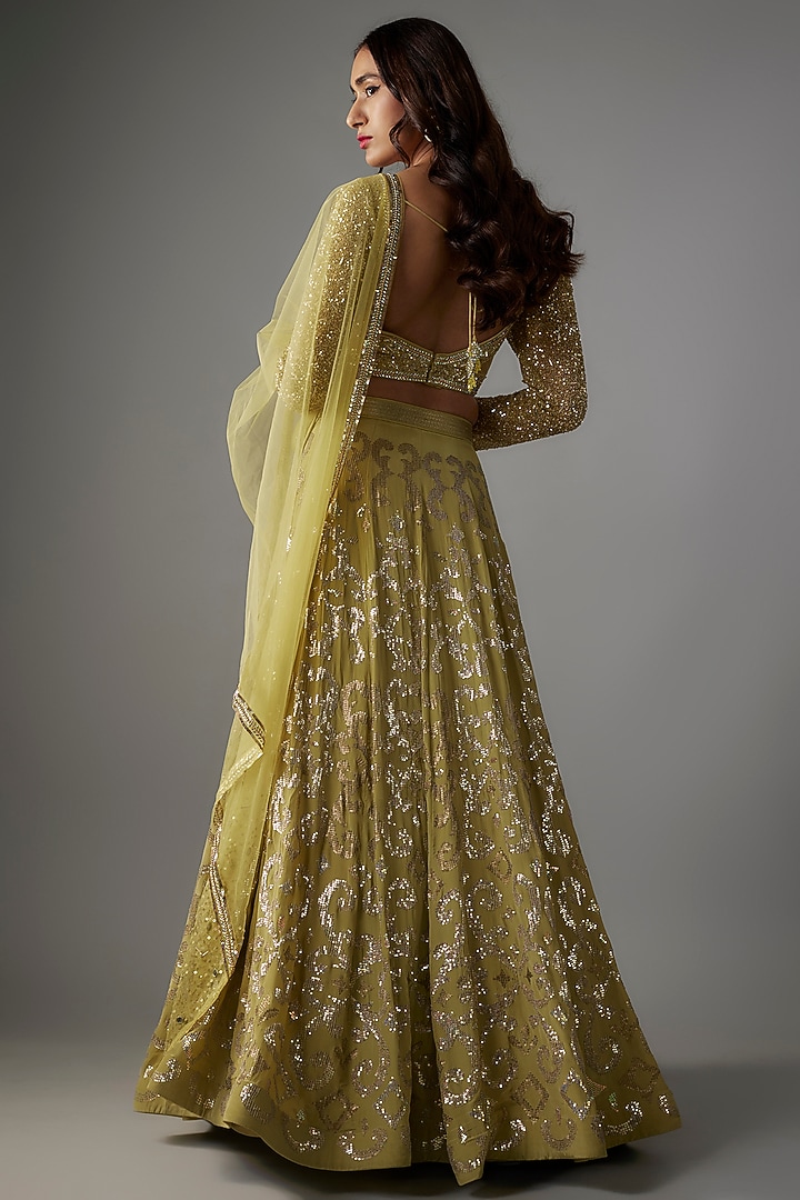 Olive Green Crepe Tassels & Sequins Embroidered Wedding Lehenga Set by Yoshita Couture at Pernia's Pop Up Shop