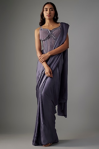 Lavender Satin Pearl & Crystal Embroidered Pre-Draped Saree Set by Yoshita Couture