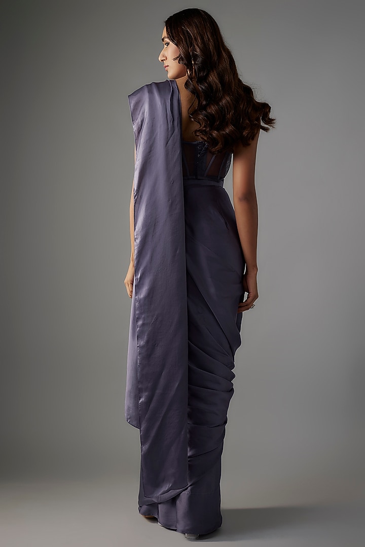 Lavender Satin Pearl & Crystal Embroidered Pre-Draped Wedding Saree Set by Yoshita Couture at Pernia's Pop Up Shop