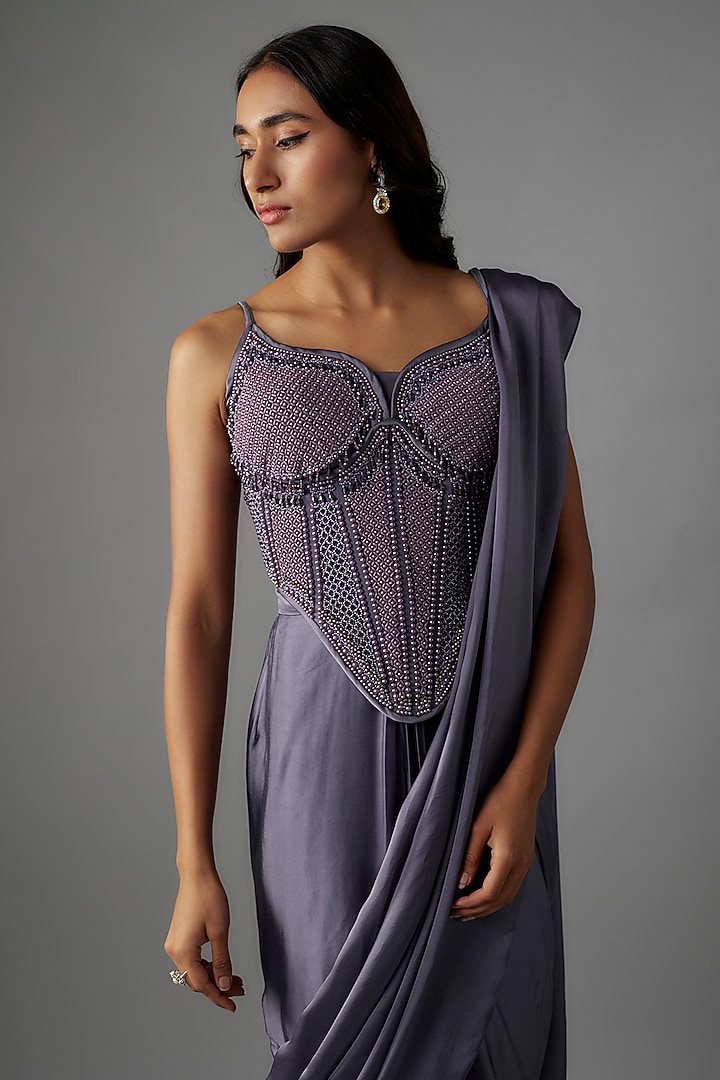 Lavender Satin Pearl & Crystal Embroidered Pre-Draped Wedding Saree Set by Yoshita Couture at Pernia's Pop Up Shop